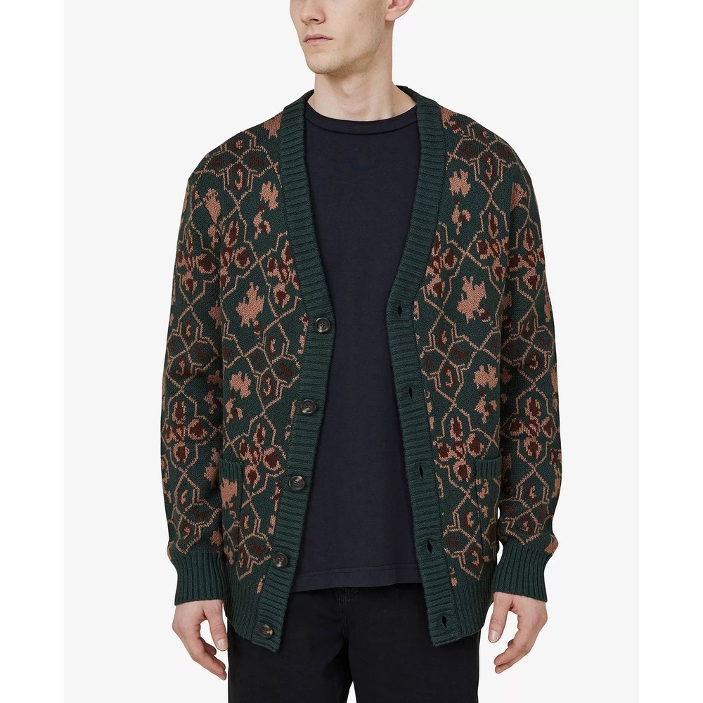 Cotton On Mens Green Geometric Floral Jacquard V-Neck Button Cardigan Sweater S